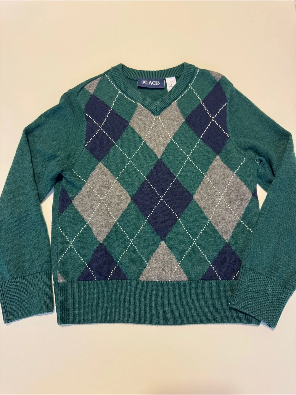 The Children's Place Teal, Navy & Gray Argyle V-Neck Sweater
